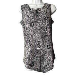 Always Indigo Womens Paisley Sleeveless Keyhole Grommet Top Black White MT5000SL